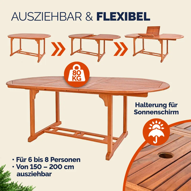 Casaria® Casaria® Gartentisch ausziehbar 150‑200cm Eukalyptusholz wetterfest Schirmhalter, Braun, – Produktbild 2 von 7