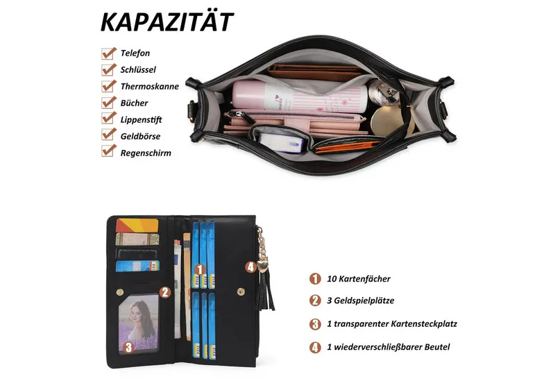 TANTOMI Umhängetasche Damen Handtasche mittelgroß Crossbody Bag Mit Geldbörse, Damen Tasche mit Verstellbar Breitem Schultergurt, Schwarz, – Produktbild 3 von 5