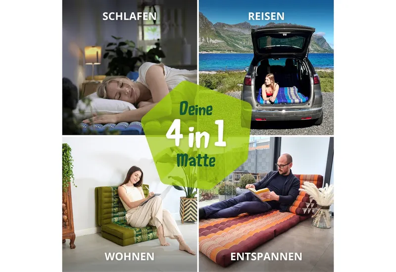 Klappmatratze Klappmatratze 80 cm (Deluxe) vegan und handgefertigt, 200x80x8cm, livasia, 8 cm hoch, Kapok, Grün, – Produktbild 3 von 5