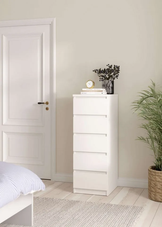 Home affaire Highboard Naia, Hochkommode, 5 Schubladen, Aufbewahrung, grifflose Front, Modern, skandinavisches Design, Schmal, in mehrere Farben, Weiß, – Produktbild 3 von 8