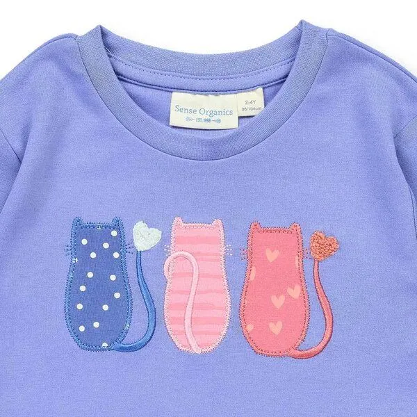 Sense Organics Sense Organics Kinder Schlafanzug mit Hose aus Webstoff, Blau mit katzen-applikation / blau-weiß kariert, – Produktbild 3 von 4