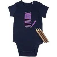MelaDi Meladi Kinder Baby-Body aus Biobaumwolle - Katze auf Navy Blue, Blau, – Produktbild 1 von 1