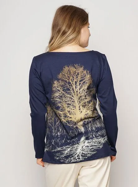 Peaces.bio - handbedruckte Biomode Peaces.bio - handbedruckte Biomode Tencelshirt Baumgeschwister in Nachtblau, Nachtblau, – Produktbild 3 von 4
