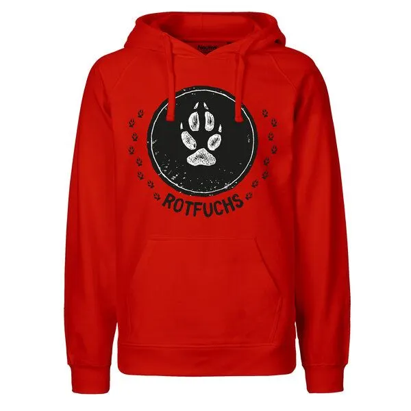 HANDGEDRUCKT HANDGEDRUCKT "Trittsiegel RotFuchs" Männer Hoody aus reiner Biobaumwolle (kbA), Rot, – Produktbild 1 von 3