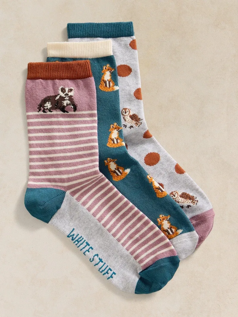 White Stuff 3er-Pack Socken mit Waldtieren - 39-41, Violett multi, – Produktbild 1 von 2