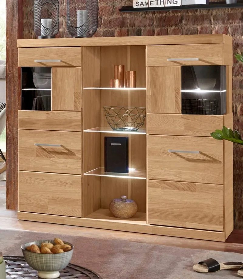 OTTO home Highboard Ribe,120cm breit,112cm hoch,Oberplatte massiv,12 Fächer, Holz massiv, Holzwerkstoff, Metall Griffe,2Türen mit Glaseinsatz, Braun, – Produktbild 2 von 8