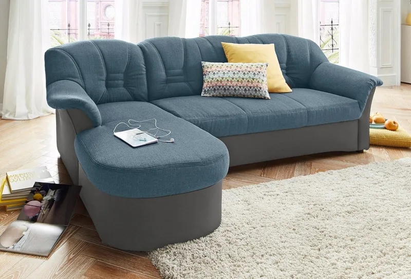 DOMO collection Ecksofa ELVA 233x142 cm, elegante Rückensteppung, bequem, L-Form, whlw. mit Bettfunktion und Federkern, Grau, – Produktbild 1 von 5