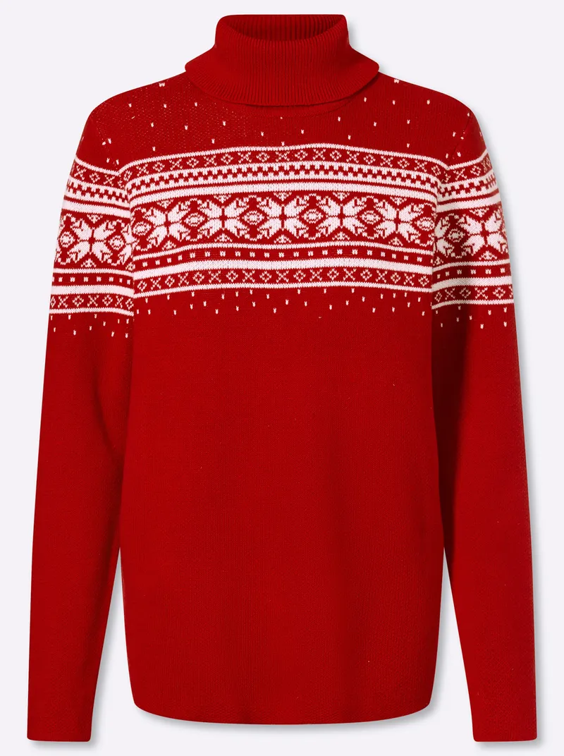 heine Jacquard-Pullover rot-ecru-gemustert, Rot-ecru-gemustert, – Produktbild 1 von 2