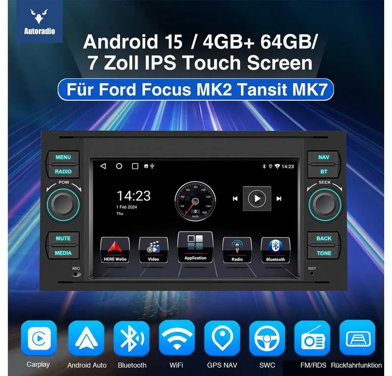 ESSGOO 7" Android 15 Für Ford Focus Transit MK7 C S-Max Fiesta Galaxy Kuga Autoradio (RDS, 2+64GB(optional), 4G, FM, DAB+ (optional), GPS Navi Carplay Android Auto Bluetooth EQ USB WIFI Touchscreen SWC), Schwarz, – Produktbild 3 von 6