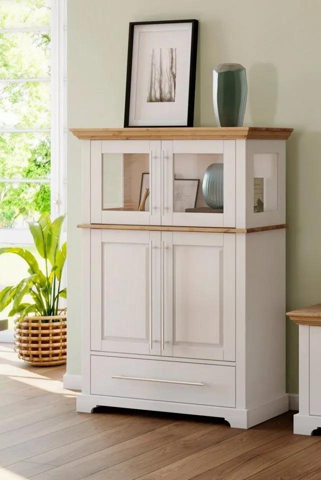 OTTO home Highboard Melissa Vitrine Breite/Höhe/Tiefe 94/39/133 cm, Breite 94 cm, 4-türig, mit Schublade, Kiefer massiv, FSC®, Weiß, – Produktbild 3 von 5