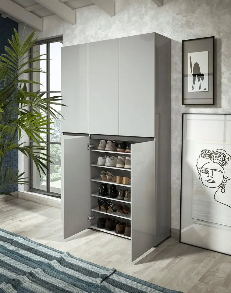 Home affaire Schuhschrank MISTER Schuhkommode, Schuhmöbel, Schuhregal, Hochglanz lackiert Breite 120 cm, Höhe 200 cm, 6 Türen, 24 Fächer, ca.58 paar Schuhe, Grau, – Produktbild 3 von 5