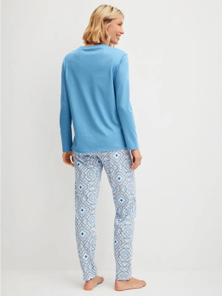CALIDA CALIDA Schlafanzug Cotton Special (2 tlg) Langarm, bequem, Baumwolle, Rundhals-Ausschnitt, Blau, – Produktbild 4 von 5