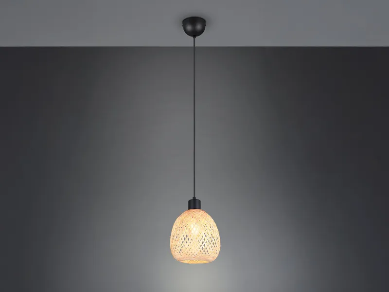 Reality Leuchten LED Pendelleuchte, Dimmfunktion, LED wechselbar, über Lichtschalter in 3 Stufen dimmbar, warmweiß, Klein-e Korb-lampe Lampenschirm geflochten Bambus hängend Bett, Ø 18cm, Beige, – Produktbild 3 von 5