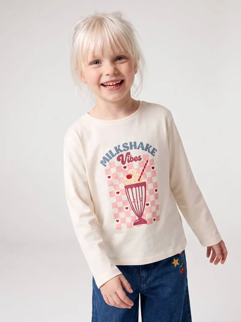 Vertbaudet Langarmshirt MILKSHAKE Mädchen, Wollweiß, – Produktbild 1 von 4