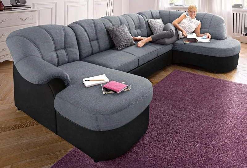 DOMO collection Wohnlandschaft FLORES 293x180x86 cm, hochwertig, komfortabel, U-Form, 3 Teile, wahlw. mit Bettfunktion, wahlw. mit Federkern, Unser Dauertiefpreis, Schwarz|silberfarben, – Produktbild 2 von 8
