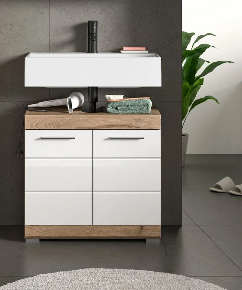 Inn.Furn Waschbeckenunterschrank Willow (Waschtisch in weiß Hochglanz mit Eiche, 60 x 56 cm) mit MDF-Fronten, Weiß, – Produktbild 1 von 5