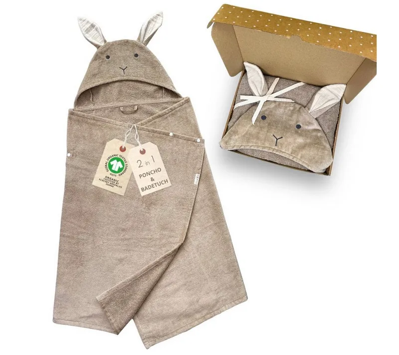DIKOS Kapuzenhandtuch Badeponcho Baby Kinder Taupe/Altrosa, 70x140cm, 100% Bio-Baumwolle, 2-in-1 ab Geburt Handtuch mitwachsendes Badetuch/Poncho mit Knöpfen, Taupe, – Produktbild 1 von 5