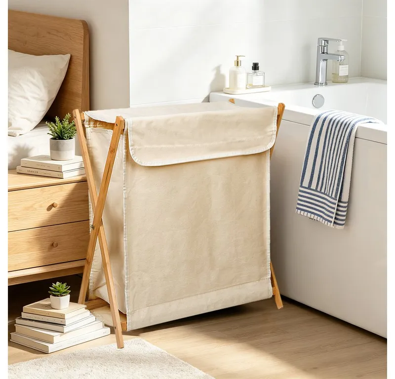 JEOBEST Wäschekorb Wäschekorb aus Bambus, Wäscheschrank, Klappbarer Wäschesortierer, (1 St) mit Wäschesammler, X-förmige Wäschebox, Beige, – Produktbild 4 von 5