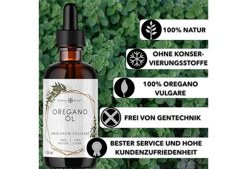 Nordic Pure Nordic Pure Oreganoöl – 80 % Carvacrol Tropfen, naturrein aus französischem Anbau – Vegan à 30 ml – Produktbild 1 von 5