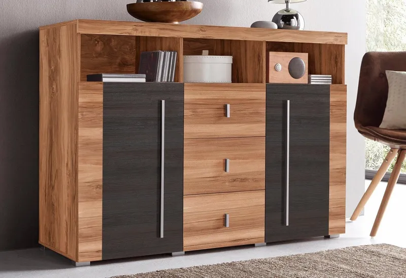 OTTO home Sideboard Roger,Breite 132cm, stilvolle Schrank, 2 Holztüren 3 Schubladen, Kommode mit viel Stauraum, Einlegeböden verstellbar, Braun, – Produktbild 3 von 5