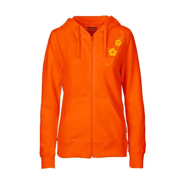HANDGEDRUCKT HANDGEDRUCKT "Hibisken" Frauen Zip-HOODY aus reiner Biobaumwolle (kbA), Orange, – Produktbild 1 von 3