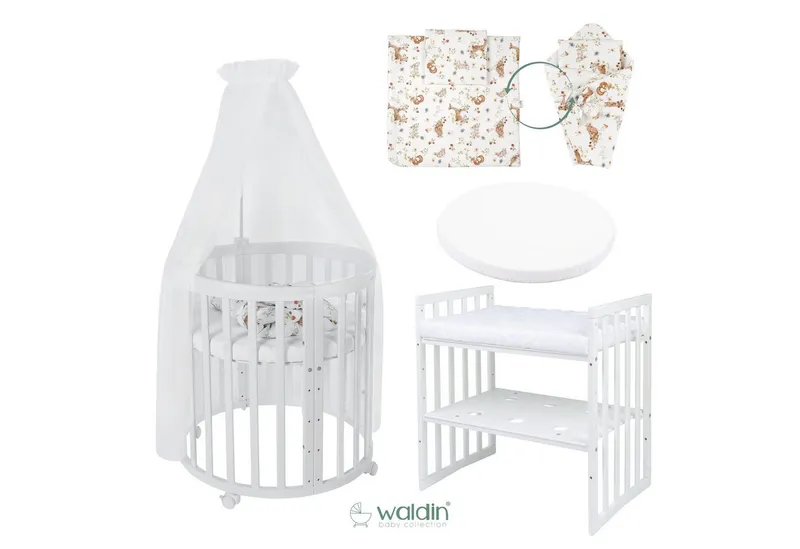 Waldin Waldin Babybett Oval 7in1 mitwachsend, Beistellbett, Matratze, Rollen, Weiß, – Produktbild 4 von 8