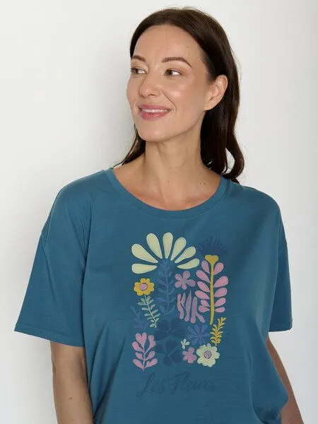 GreenBomb GREENBOMB Les Fleurs Feel - Lässiges T-Shirt aus Bio-Baumwoll-Mix / hochwertiger Print / GOTS / Fair & Vegan, Blau (wahres blau), – Produktbild 2 von 4