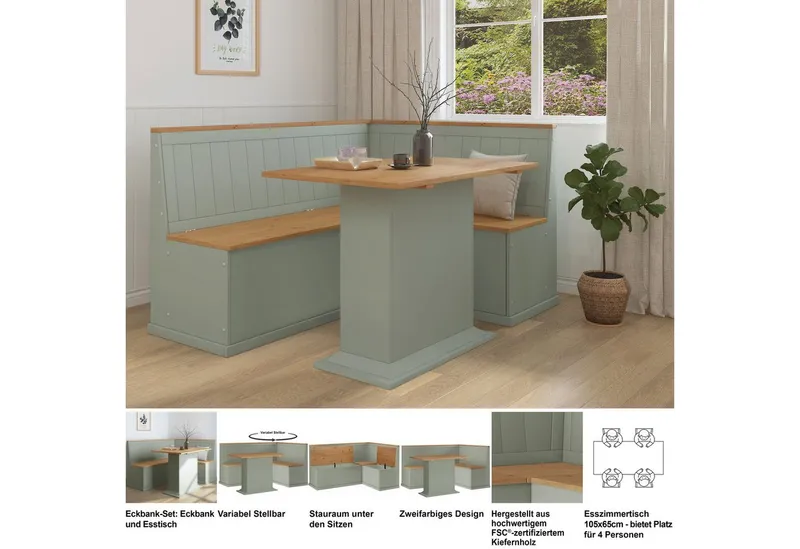 OTTO home Essgruppe Sara, (2-tlg), Massivholz-Set, aus massiver Kiefer, mit Paneel-Rücken, Grün, – Produktbild 3 von 5