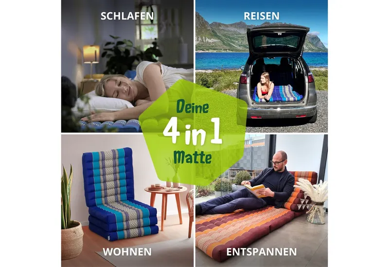 Klappmatratze 50 cm breit (Classic) - 200x50x8cm - Faltmatratze, livasia, 8 cm hoch, Kapok, vegan, handgefertigt, Blau, – Produktbild 3 von 5