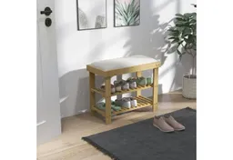 HOMCOM HOMCOM Schuhbank Bambus Sitzbank, Schuhregal 2 Fächer, Garderobenbank, 60x29x49cm (Schuhregal aus Bambus, 1-St., Schuhbank mit Sitzfläche), für Wohnzimmer, Flur, Cremeweiß+Naturholz – Produktbild 1 von 1