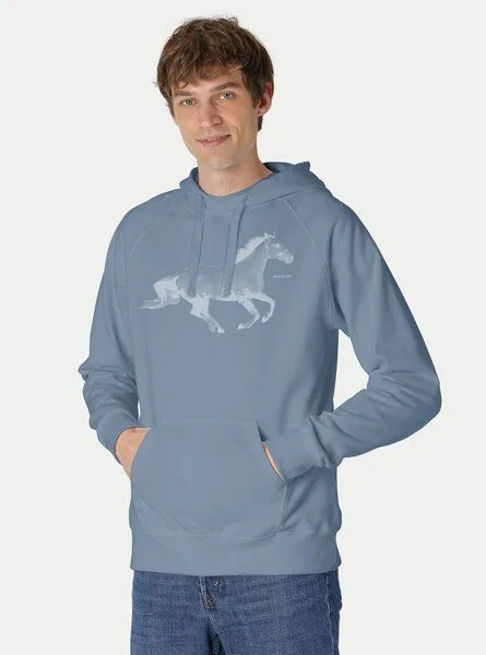 Peaces.bio - handbedruckte Biomode Peaces.bio - handbedruckte Biomode Bio-Herren-Kapuzensweater Horsepower, Blaugrau, – Produktbild 1 von 2