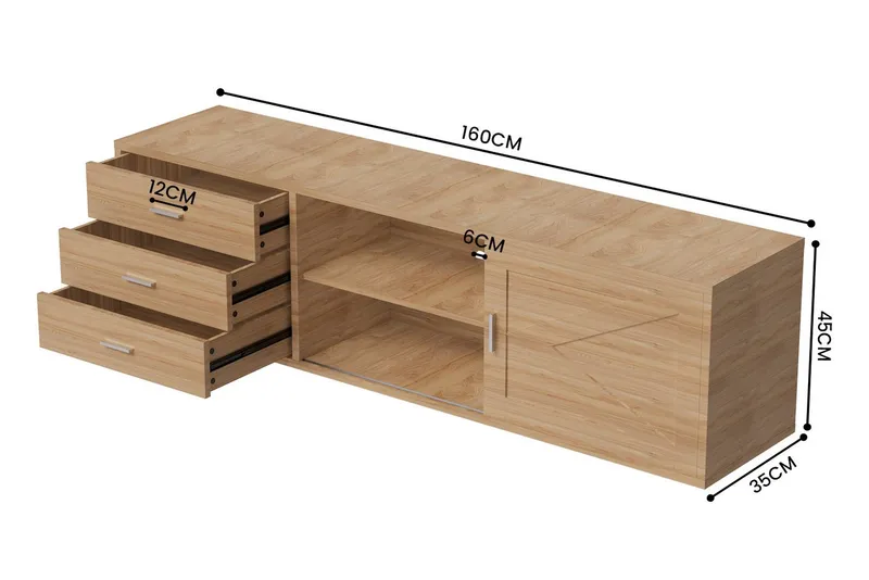 HOMAVO Lowboard TVG1 mit 3 Schubladen & Schiebetür, 160 - 180 cm (FSC®, viel Stauraum, pflegeleicht), Bodenstehendes TV-Lowboard mit Stauraum, Natur, – Produktbild 5 von 5