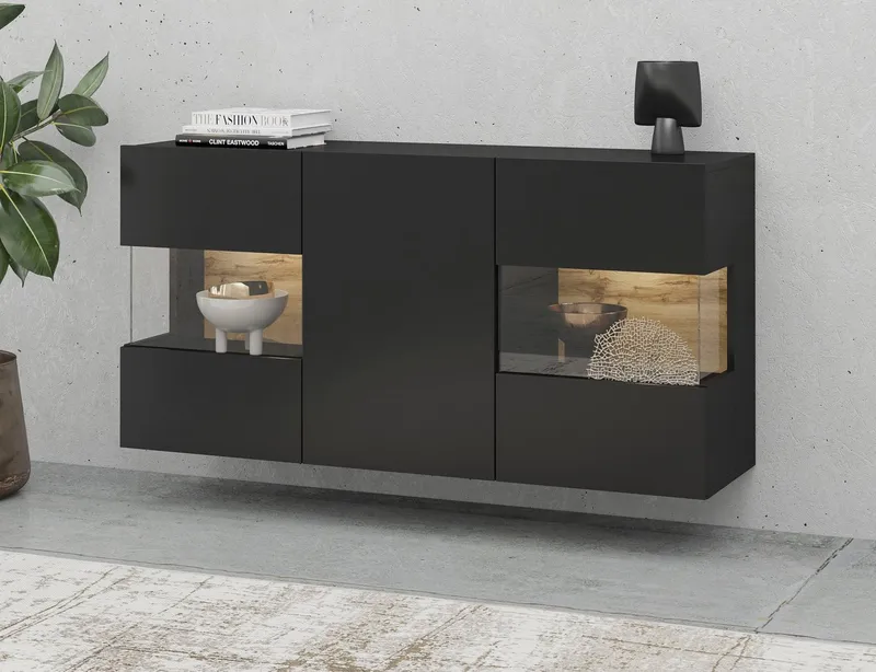 Home affaire Sideboard Ava, Breite 120 cm, hängend und stehend montierbar, moderne grifflose Kommode, Anrichte, 3Türen, Eckverglasung, Schwarz, – Produktbild 1 von 5