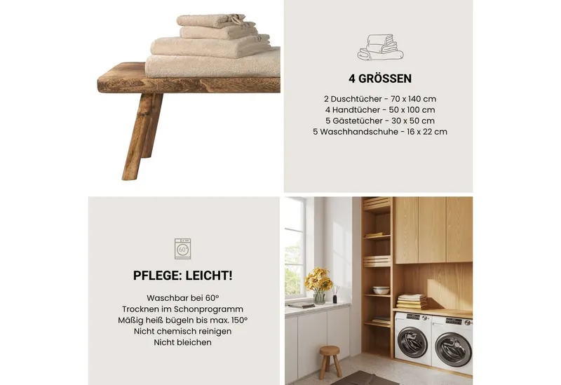 Schiesser Schiesser Duschtücher Skyline Color aus 100 % Baumwolle mit eleganter Streifenbordüre, Frottier (Set, 2-St), OEKO-TEX® MADE IN GREEN, Beige, – Produktbild 5 von 6
