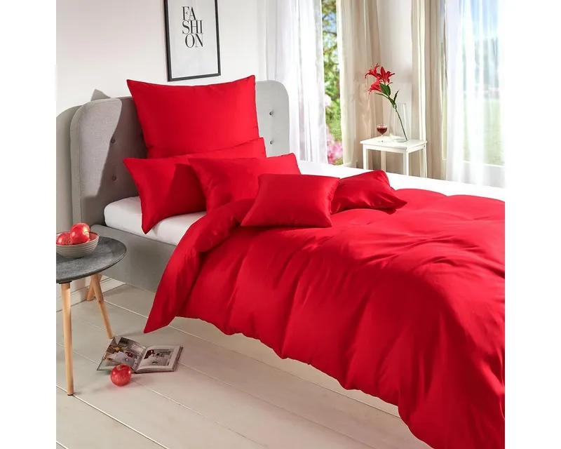 TRAUMSCHLAF Bettwäsche Uni Tencel™ Lyocell, Lyocell, 2 teilig, glatte Oberfläche und super angenehmes weiches Hautgefühl, Rot, – Produktbild 2 von 5