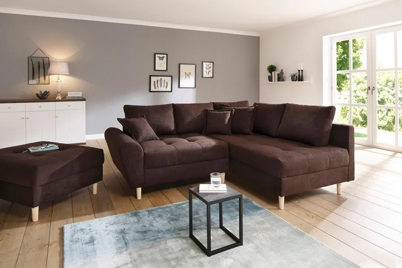 Home affaire Ecksofa Rice L-Form, B: 223 cm - OTTO. Verlässliche Qualität., Set: Sofa & Hocker, 3 Zierkissen, Federkern, Braun, – Produktbild 2 von 8