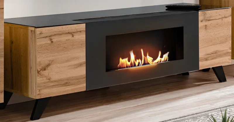 Furn.Design TV-Board Heritage (TV Lowboard in Wotan Eiche mit Schwarz, 2-türig, 150 x 47 cm), Push-To-Open-Funktion und integrierter Kamin, Beige, – Produktbild 3 von 5
