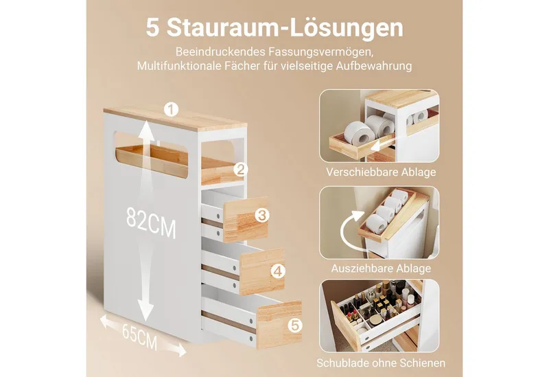 SoBuy Beistellwagen BZR54, Badezimmerschrank mit Rollen, Badschrank schmal, Kommode, Küchenwagen schmal Nischenwagen Badezimmerregal mit Rädern, ausziehbar, Weiß, – Produktbild 8 von 8