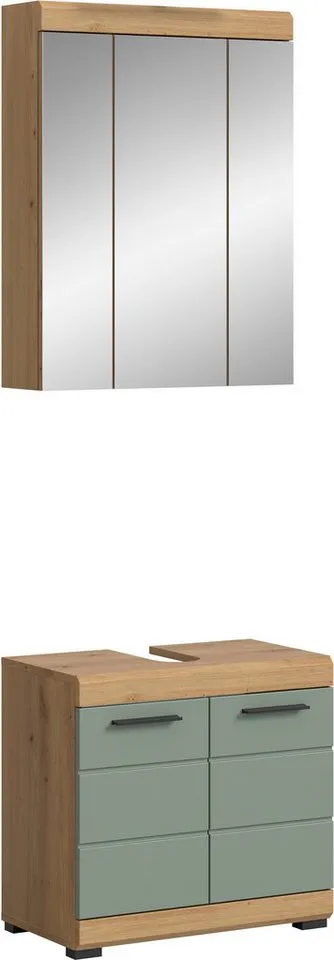 welltime Badmöbel-Set SIENA, 2 tlg., bestehend aus: Waschbeckenunterschrank, Spiegelschrank, (Set, 2-St., TOPSELLER), in verschiedenen Farben erhältlich, Badmöbel, Kombination, Badezimmer, Artisan eiche nachbildung/salbei, – Produktbild 2 von 4