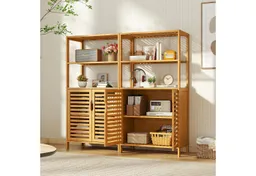 COSTWAY COSTWAY Bücherregal Bambus mit Lamellentüren, Vorratsschrank 60x33x116cm, Standregal – Produktbild 1 von 1