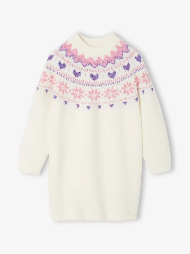 Vertbaudet Mädchen Strickkleid mit Norwegermuster 42% Recycling-Polyester GRS-zertifiziert, Wollweiß, – Produktbild 2 von 4