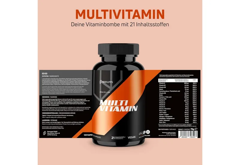Neosupps Multivitamin 120 Kapseln, 21 Vitamine & Spurenelemente, vegan Pulver, Hochdosiert & Vegan, Stärkung des Immunsystems, 4 Monate Vorrat – Produktbild 4 von 5