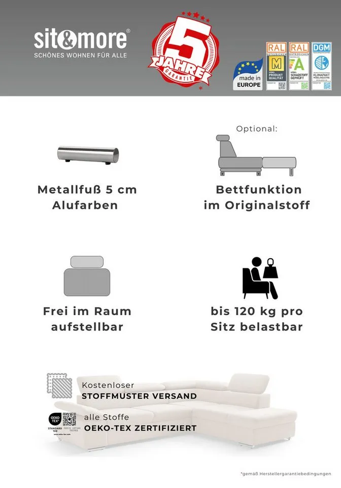 sit&more Polsterhocker Valantine, B: 101 cm, individuell zu kombinieren, Grau, – Produktbild 4 von 5