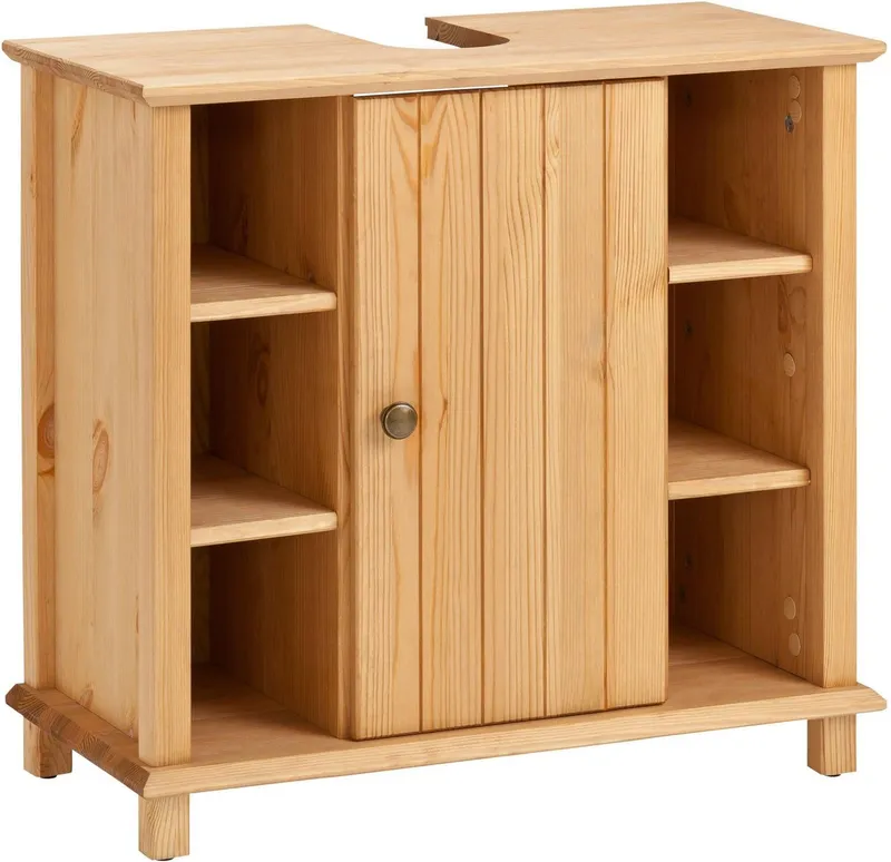 Home affaire Waschbeckenunterschrank Vili Badezimmerschrank im Landhaus-Look, mit 6 Fächern, aus Massivholz, Beige, – Produktbild 2 von 4