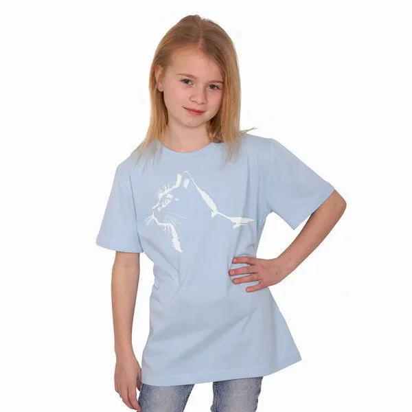 HANDGEDRUCKT HANDGEDRUCKT "Stubentiger" Kinder T-Shirt aus Biobaumwolle (kbA), Lightblue, – Produktbild 1 von 3