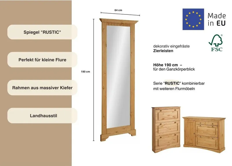 OTTO home Spiegel Rustic, Garderobenspiegel, Landhausstil, Rahmen in Kiefer massiv, Höhe 190 cm, mit Zierfräsungen, Beige, – Produktbild 6 von 8