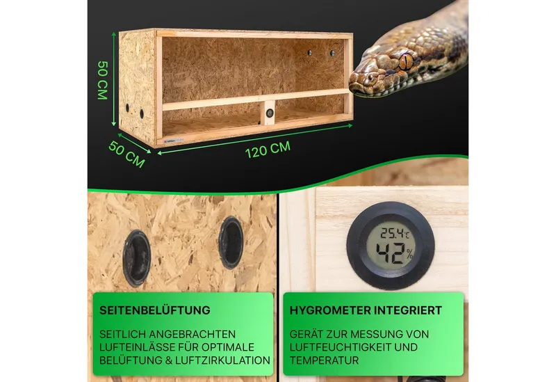 ITA Terrarium Holz Terrarium 120x50x50 mit Seitenbelüftung & Integriertem Hygrometer, Holzterrarium aus OSB - Terrarien für Reptilien, Schlangen, Amphibien, Beige|braun, – Produktbild 3 von 5