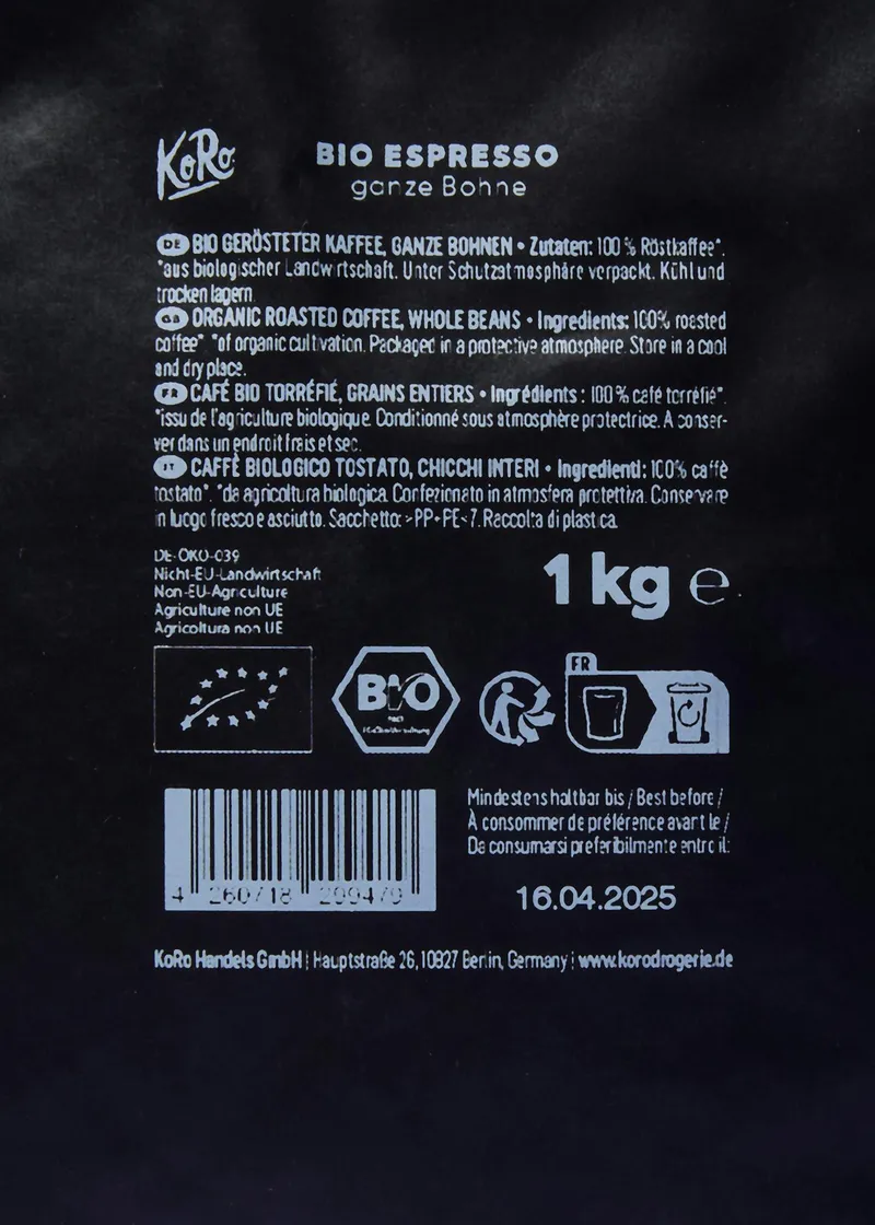 KoRo Bio Espresso ganze Bohne 1 kg – Produktbild 3 von 5