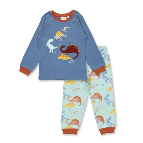 Sense Organics Sense Organics Kinder Schlafanzug, Modell LONG JOHN, Dino-druck auf blauem hintergrund, – Produktbild 1 von 4