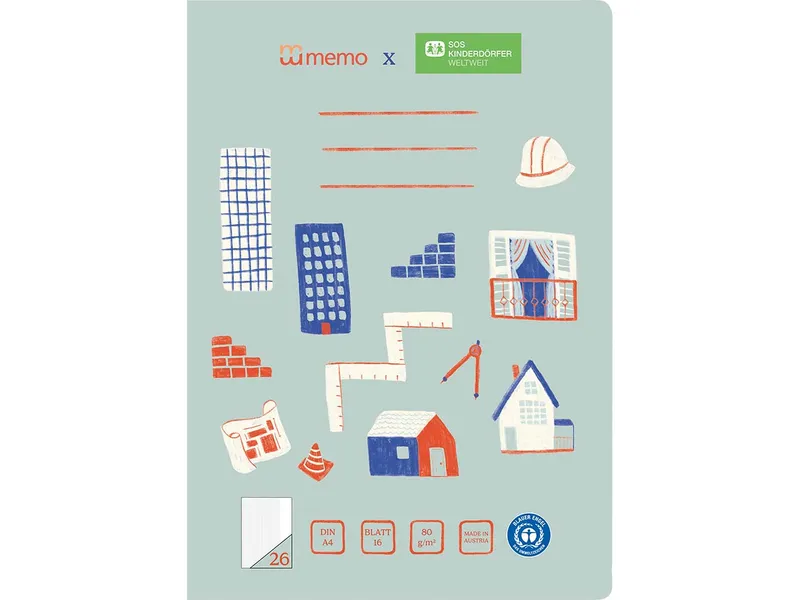 Memo memo x SOS-Kinderdörfer weltweit Schulheft DIN A4, 16 Blatt, Lin. 26 – Produktbild 1 von 1